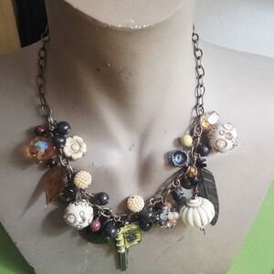 Statement Mixed-Bead Charm Necklace - Cream, Black & Gold